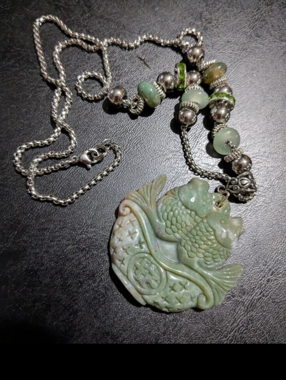 Handmade Indian Agate Koi Peace Pendant Beaded  Stainless Necklace